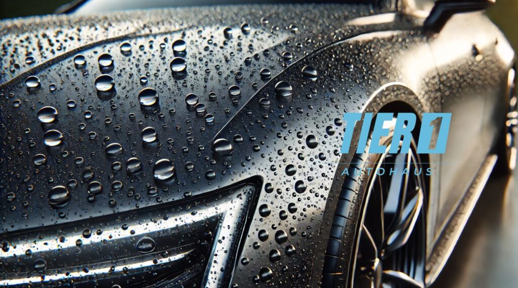 A close-up image of a sleek black car coated with ceramic, showcasing water droplets beading up on the surface, highlighting the hydrophobic properties of the coating. The Tier 1 Autohaus logo is prominently displayed in the top right corner.