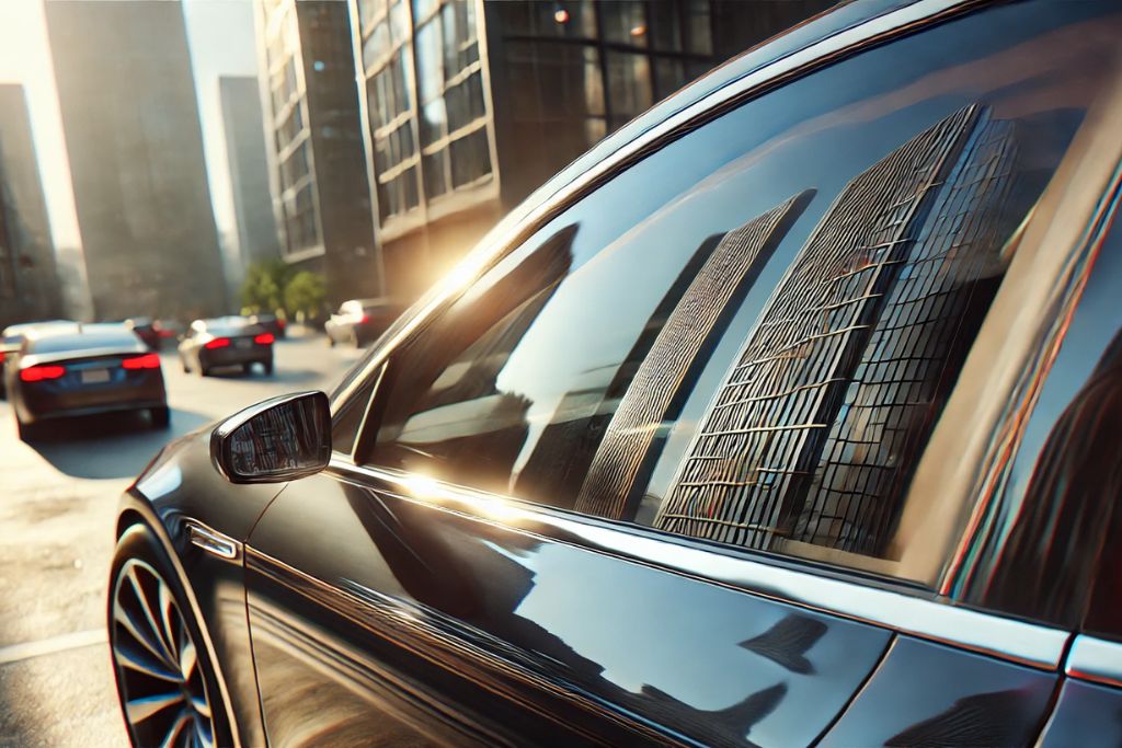 A close-up shot of a black car driving through a city, with tall buildings reflecting off the tinted side windows in the sunlight.