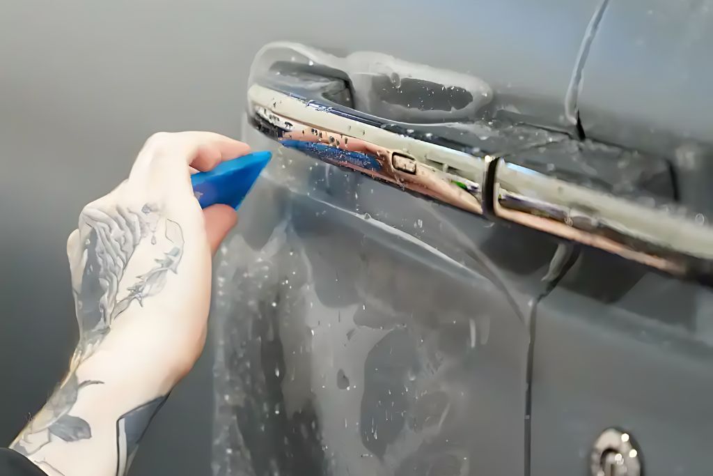 A close-up of a tattooed hand using a blue squeegee to smooth out paint protection film over a car door handle, illustrating the installation process.